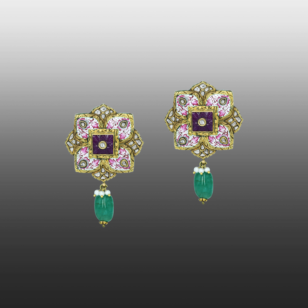Floral Enamel Earrings with Polki and Emerald Drop